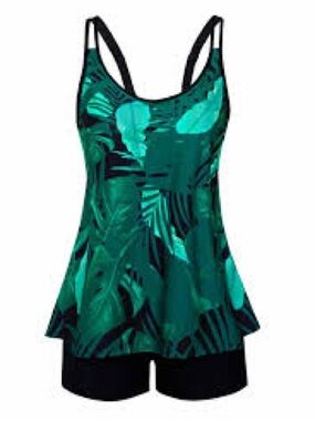 Women's Green Tropical Print Swim Tankini with Black Shorts